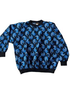 Vintage Sweater Blue Golden Swirls Black Acrylic Crewneck By Success Size 1X